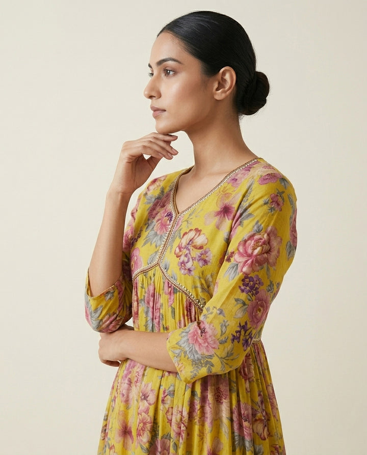 Mustard Yellow All-Over Floral Printed Cotton Anarkali Kurta