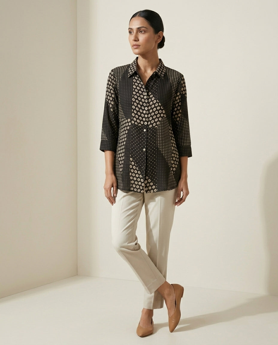 Midnight Black "Stellar Mosaic" Dot Print Cotton Shirt