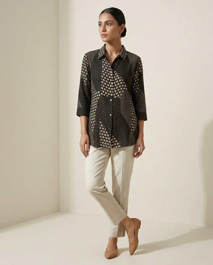 Midnight Black "Stellar Mosaic" Dot Print Cotton Shirt