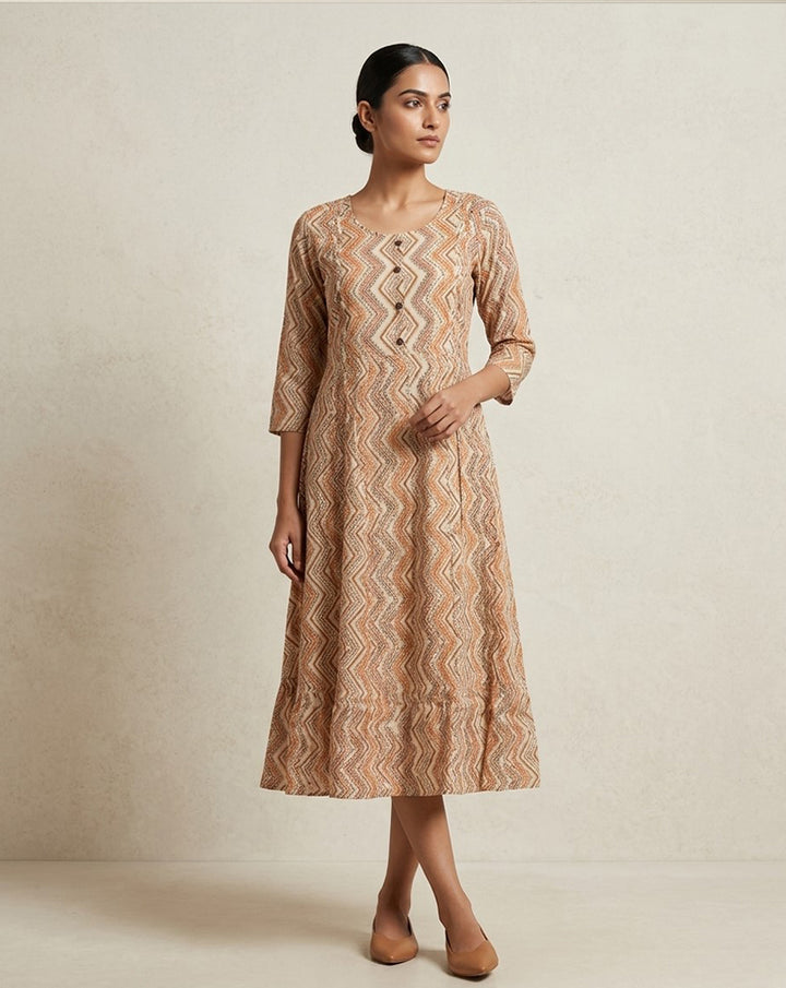 Beige and Rust Chevron Printed Cotton Anarkali Kurta