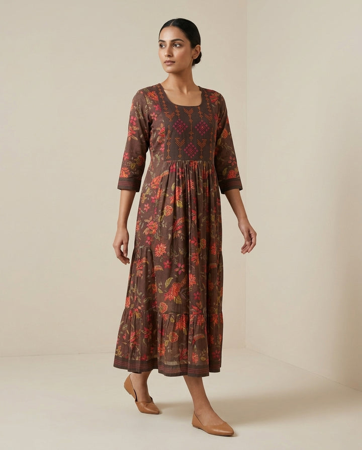 Indigo "Midnight Floret" Floral Cotton Tiered Midi Dress