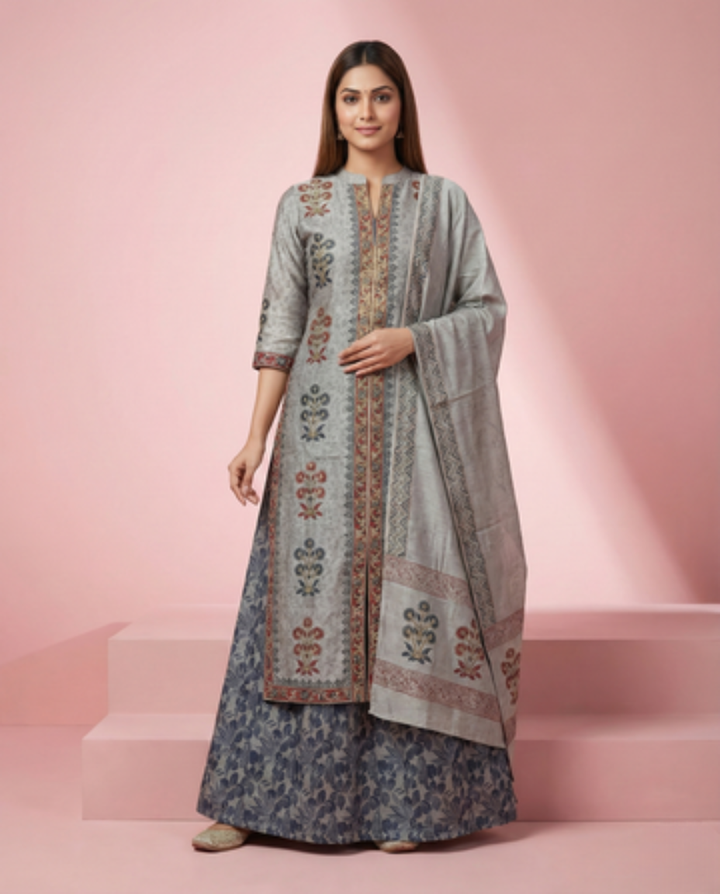 Elegant Chanderi Embroidered 3-Piece Suit Set