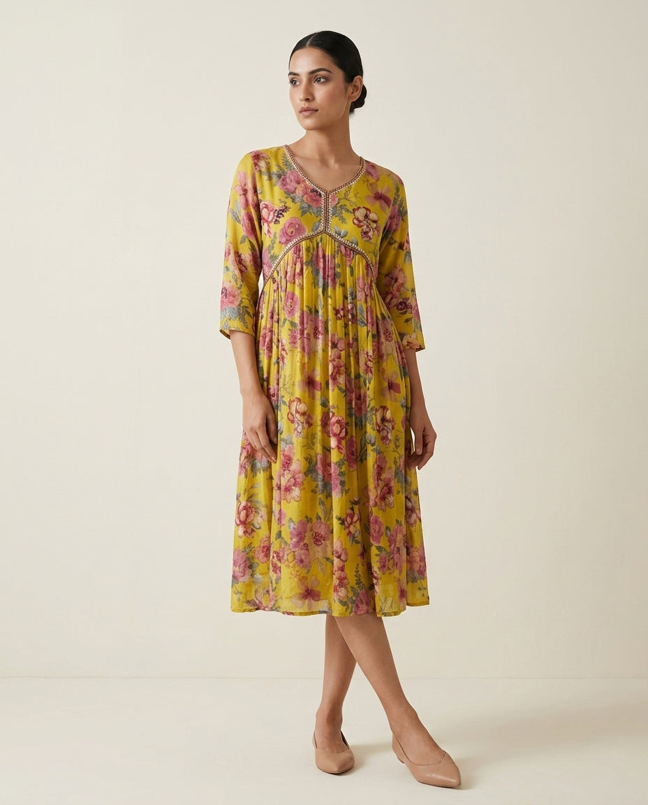 Mustard Yellow All-Over Floral Printed Cotton Anarkali Kurta