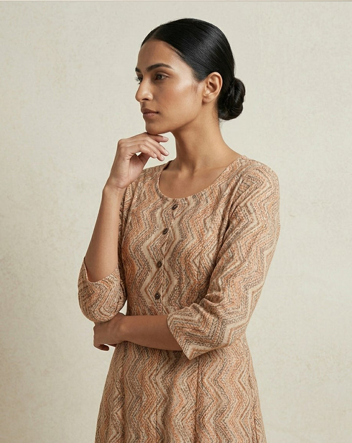 Beige and Rust Chevron Printed Cotton Anarkali Kurta