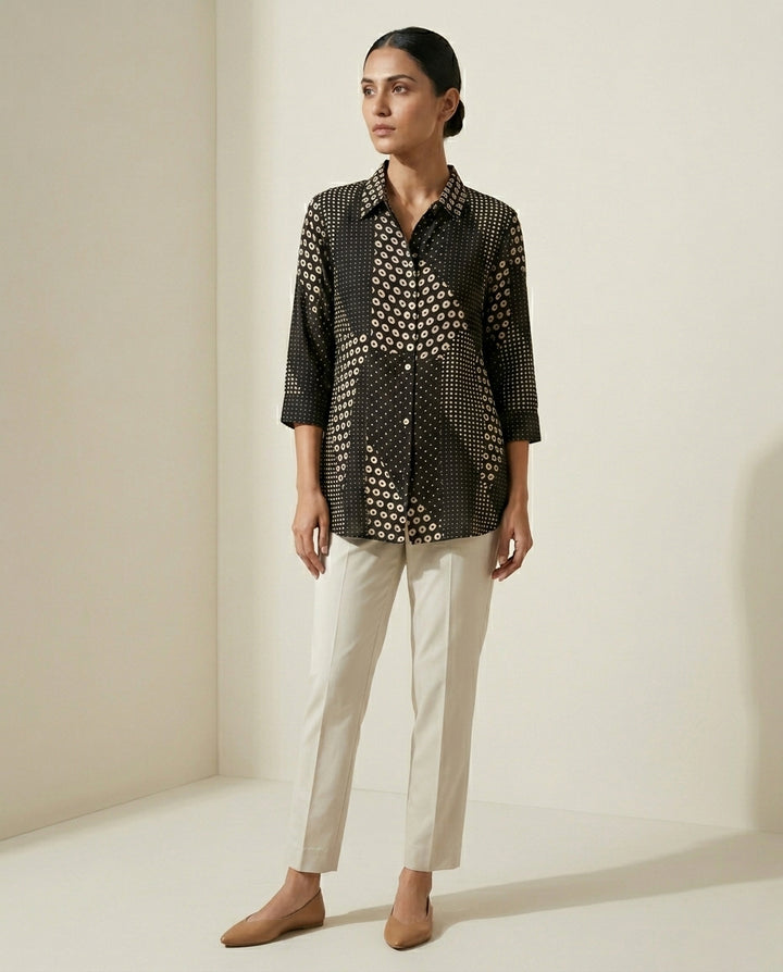 Midnight Black "Stellar Mosaic" Dot Print Cotton Shirt