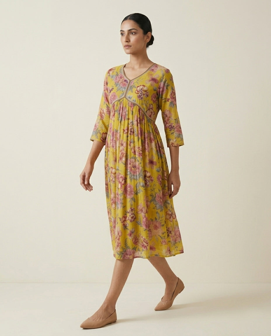 Mustard Yellow All-Over Floral Printed Cotton Anarkali Kurta