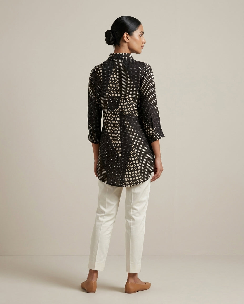 Midnight Black "Stellar Mosaic" Dot Print Cotton Shirt