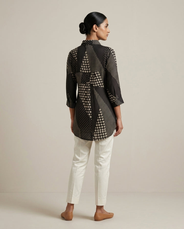 Midnight Black "Stellar Mosaic" Dot Print Cotton Shirt