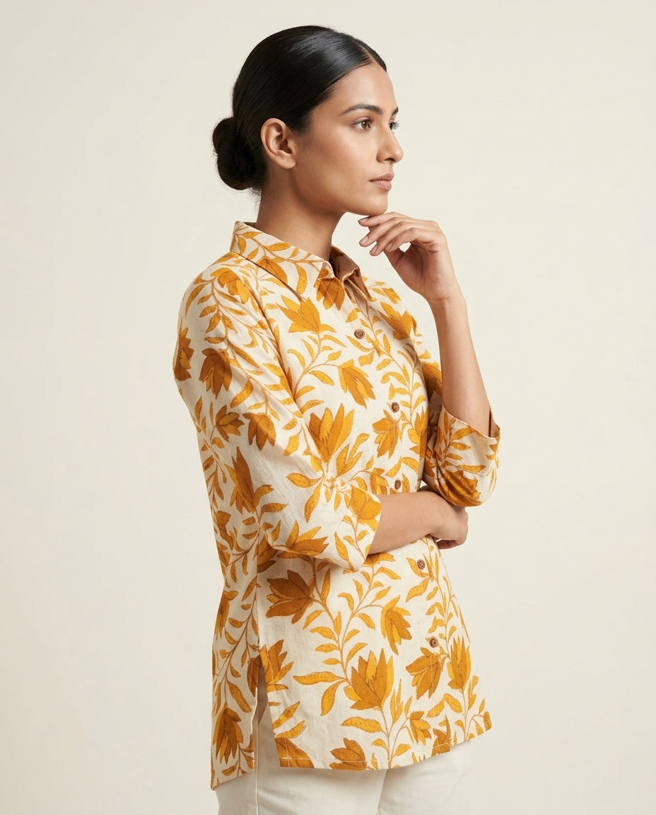 Dusty orange Leaf Print Collared Tunic