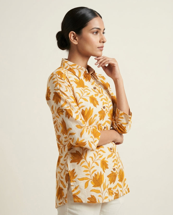 Dusty orange Leaf Print Collared Tunic