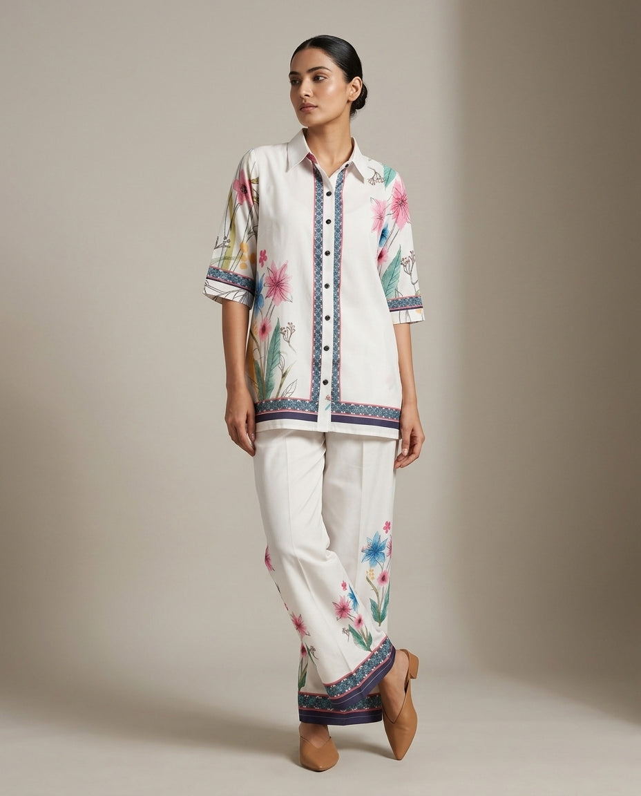 Off-White Floral Printed Co-Ord Set with Border Detail