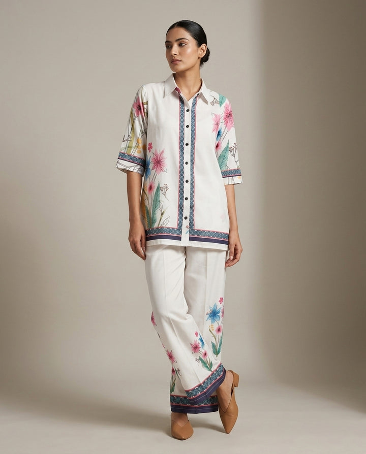 Off-White Floral Printed Co-Ord Set with Border Detail