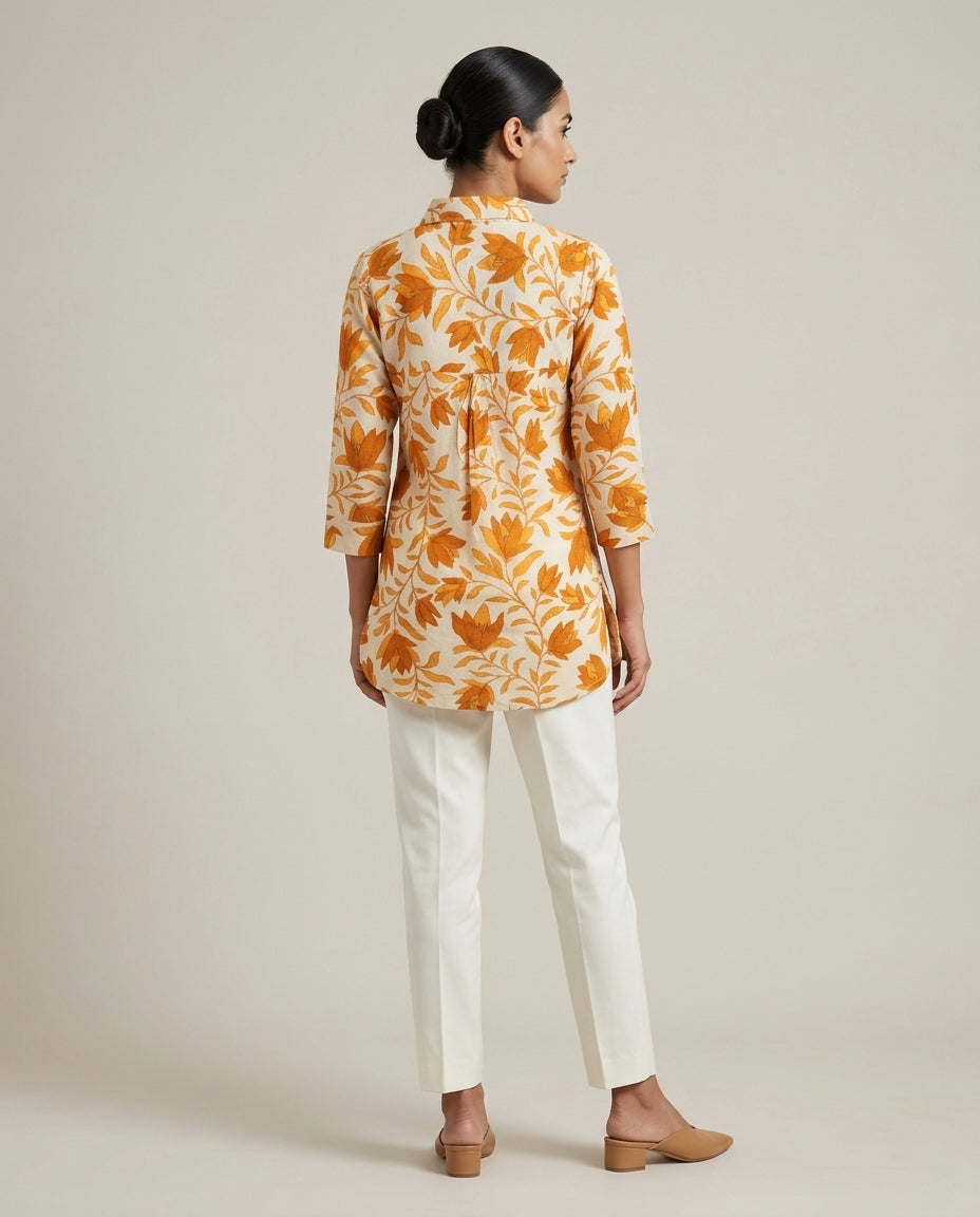 Dusty orange Leaf Print Collared Tunic