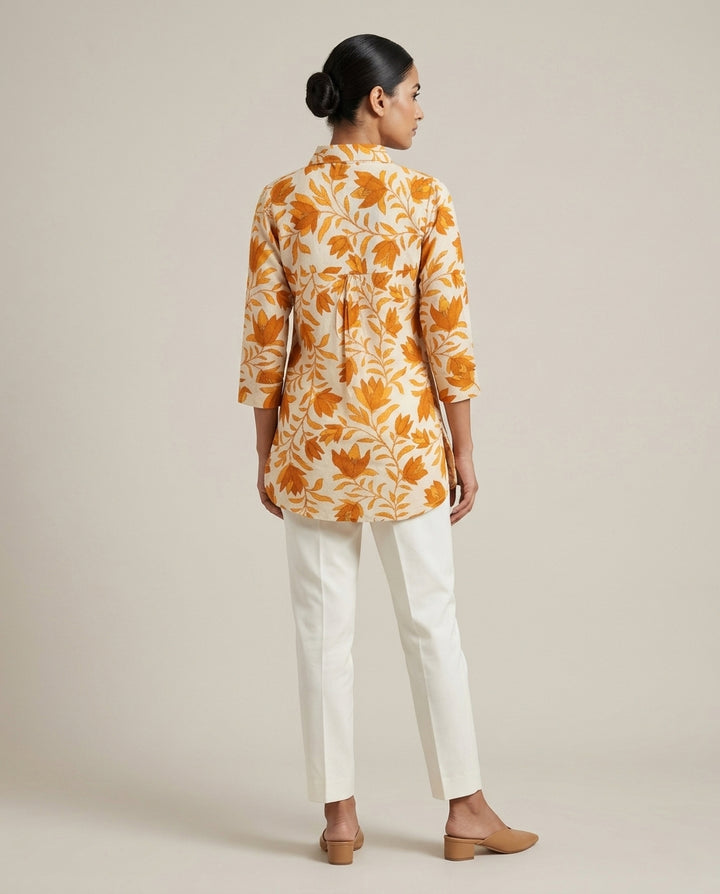Dusty orange Leaf Print Collared Tunic