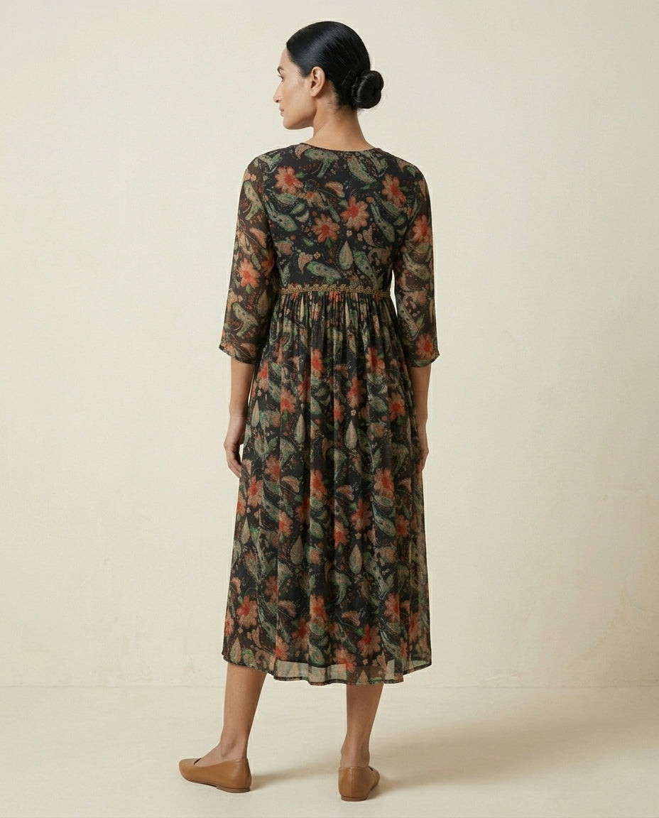 Black Floral and Paisley Printed Cotton Anarkali Kurta