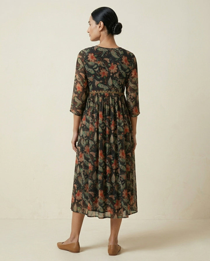 Black Floral and Paisley Printed Cotton Anarkali Kurta