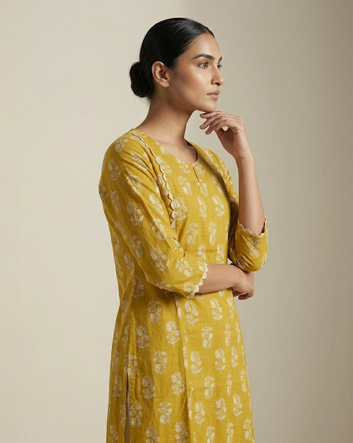 Mustard Yellow Floral Print Kurti with Scalloped Trim