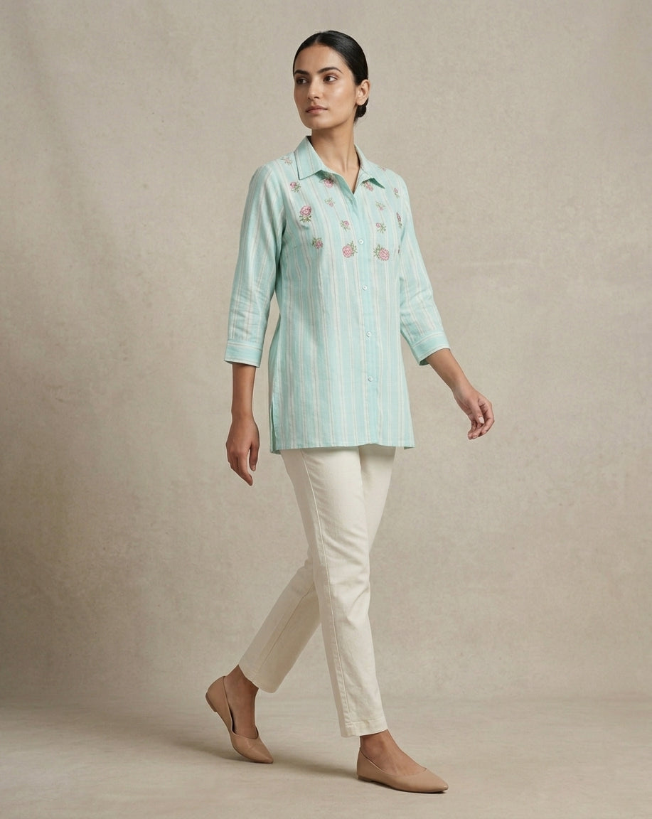 Mint Green Striped Floral Embroidered Collared Tunic