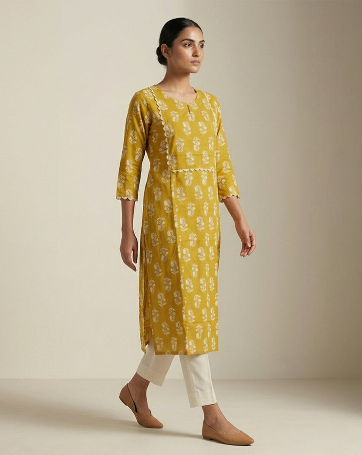Mustard Yellow Floral Print Kurti with Scalloped Trim