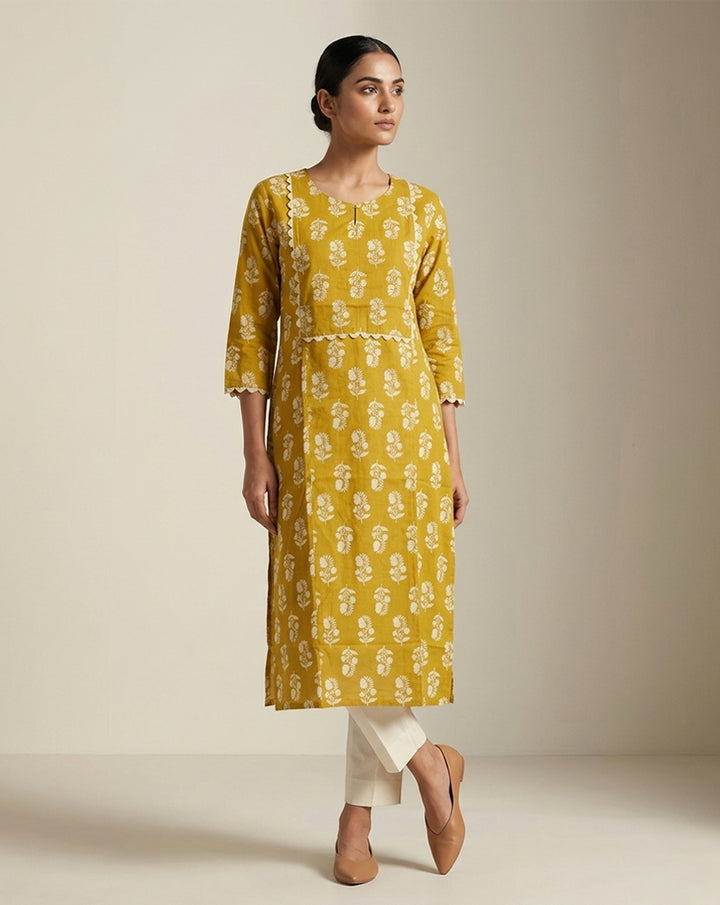 Mustard Yellow Floral Print Kurti with Scalloped Trim