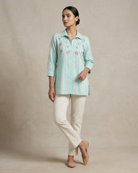 Mint Green Striped Floral Embroidered Collared Tunic 1