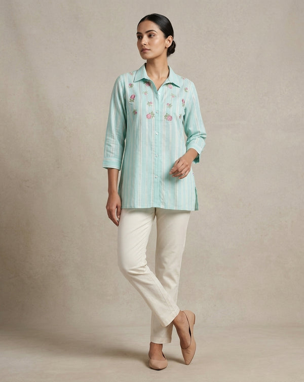 Mint Green Striped Floral Embroidered Collared Tunic