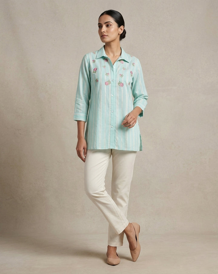 Mint Green Striped Floral Embroidered Collared Tunic