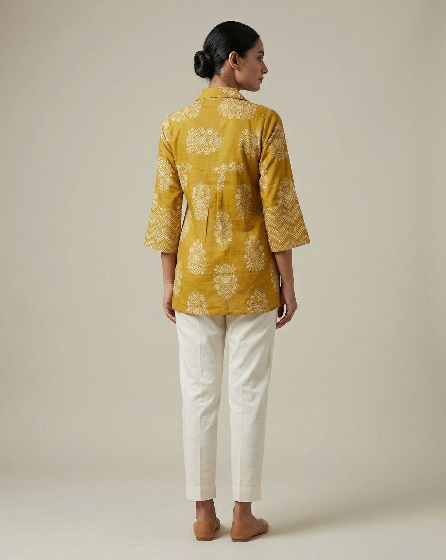 Mustard Yellow Floral Print Collared Tunic with Flared Sleeves