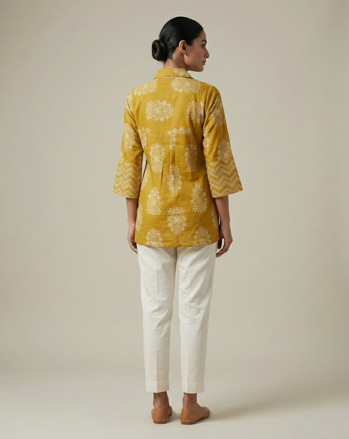 Mustard Yellow Floral Print Collared Tunic with Flared Sleeves