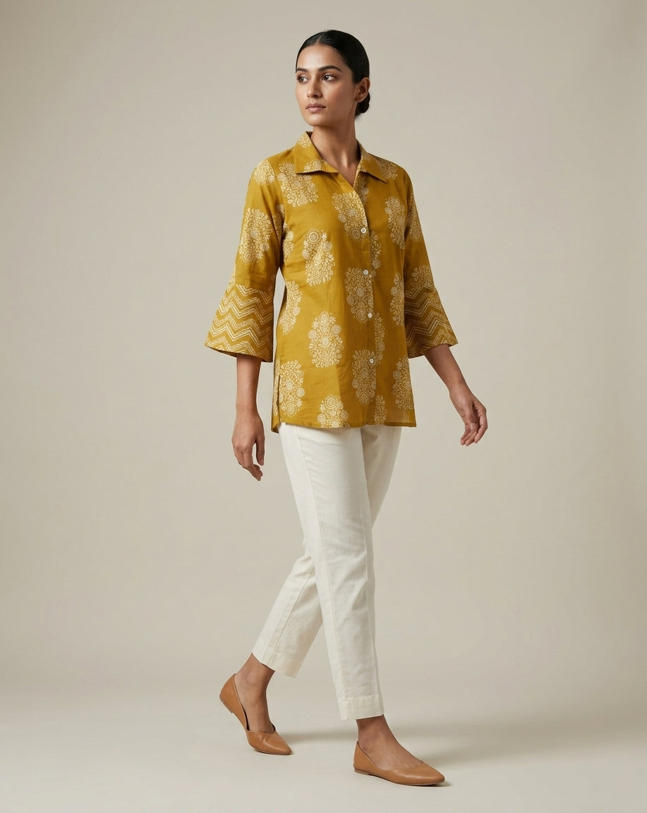 Mustard Yellow Floral Print Collared Tunic with Flared Sleeves
