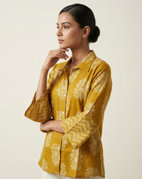 Mustard Yellow Floral Print Collared Tunic with Flared Sleeves 1