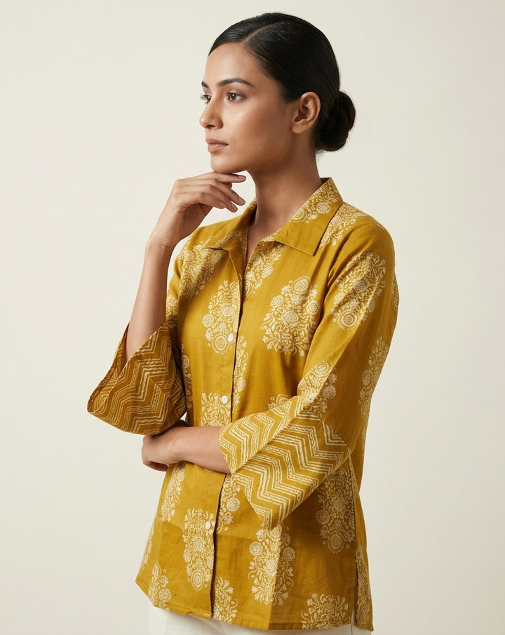 Mustard Yellow Floral Print Collared Tunic with Flared Sleeves