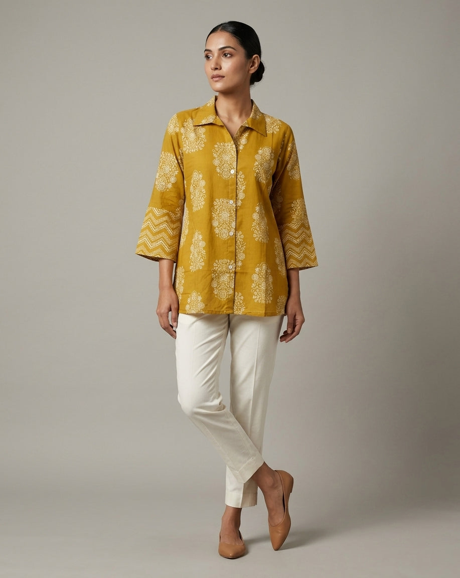 Mustard Yellow Floral Print Collared Tunic with Flared Sleeves