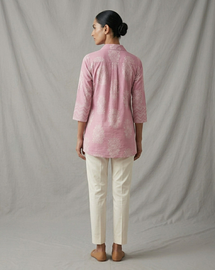 Mauve Floral Print Collared Tunic with Chevron Cuffs