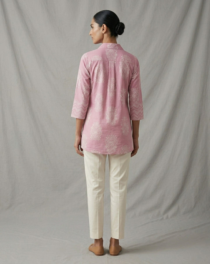 Mauve Floral Print Collared Tunic with Chevron Cuffs