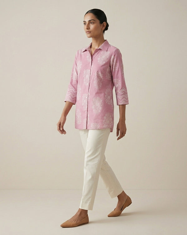 Mauve Floral Print Collared Tunic with Chevron Cuffs