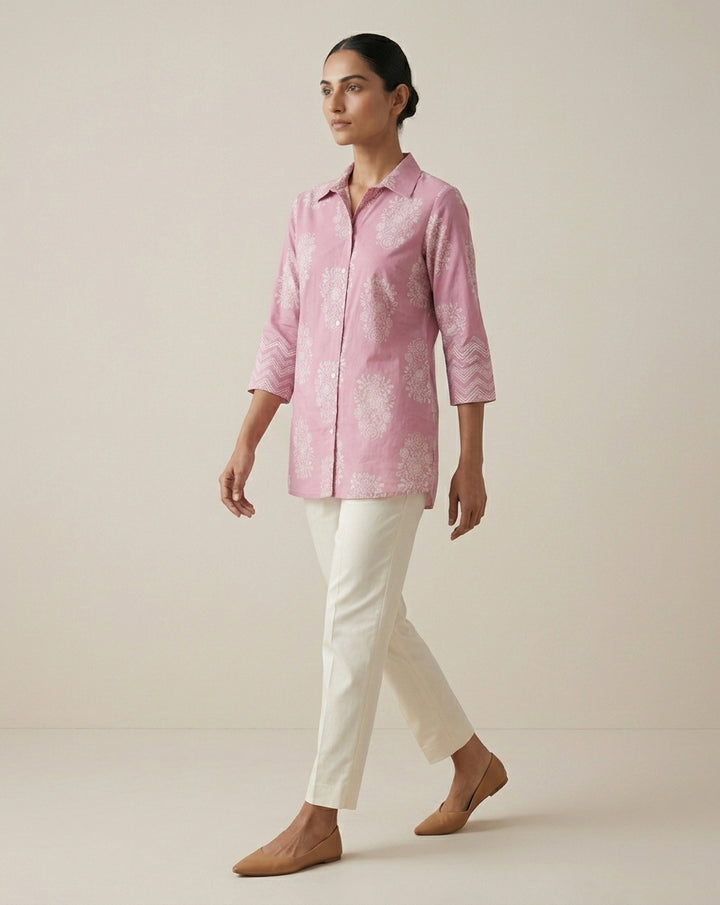 Mauve Floral Print Collared Tunic with Chevron Cuffs