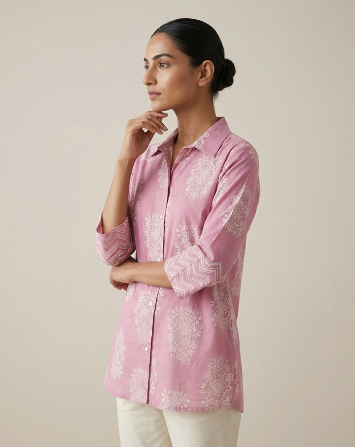 Mauve Floral Print Collared Tunic with Chevron Cuffs