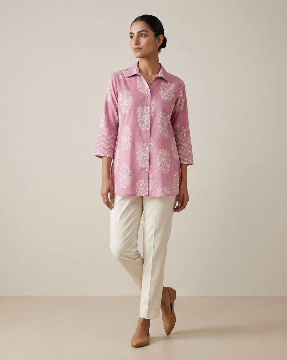Mauve Floral Print Collared Tunic with Chevron Cuffs
