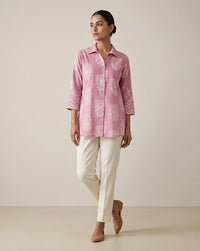 Mauve Floral Print Collared Tunic with Chevron Cuffs 3