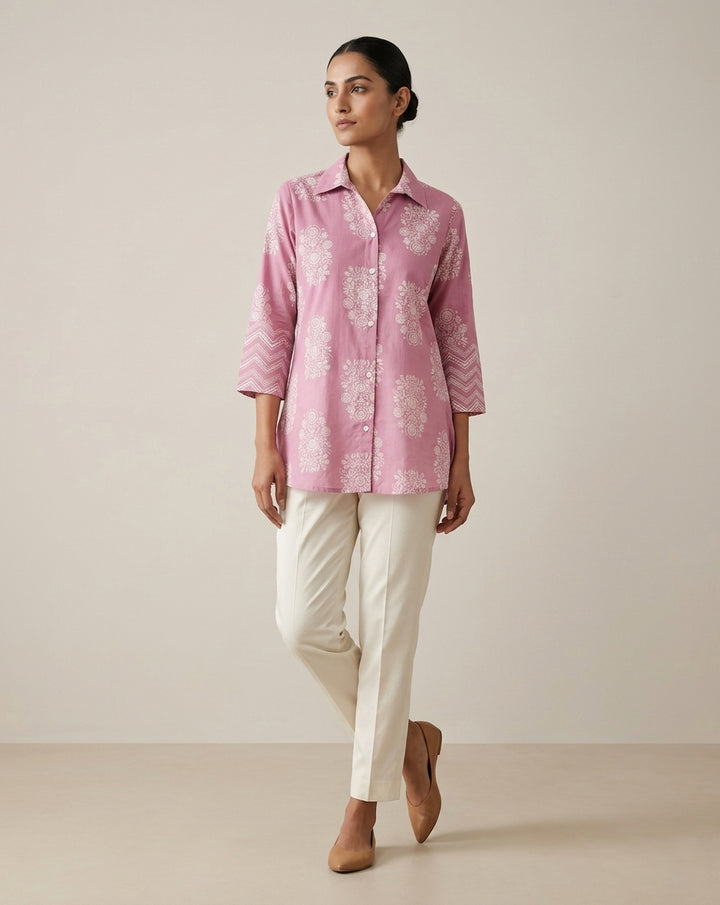 Mauve Floral Print Collared Tunic with Chevron Cuffs