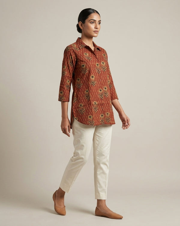 Rust Floral Printed Collared Cotton Tunic