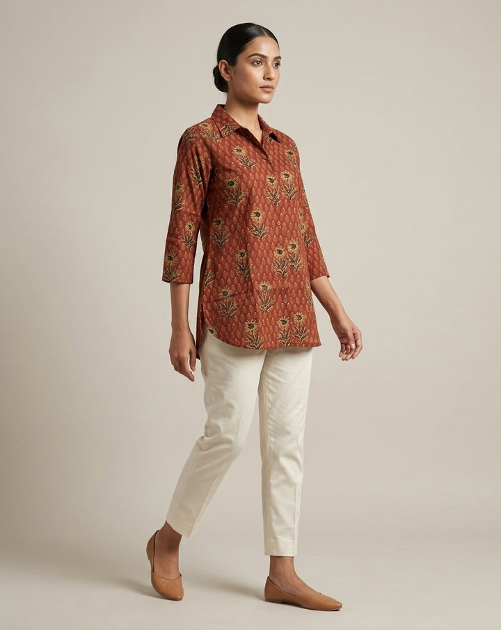 Rust Floral Printed Collared Cotton Tunic