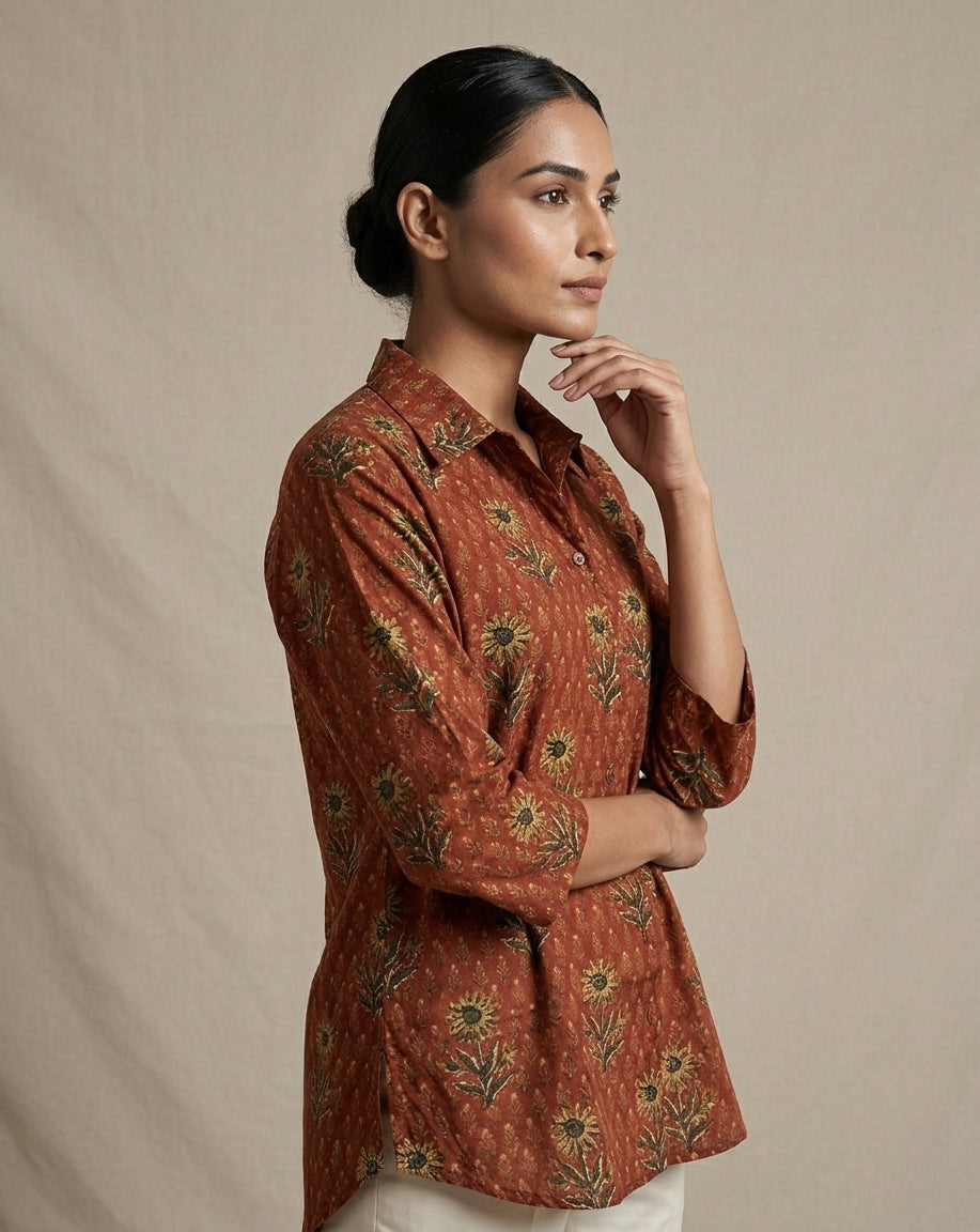 Rust Floral Printed Collared Cotton Tunic