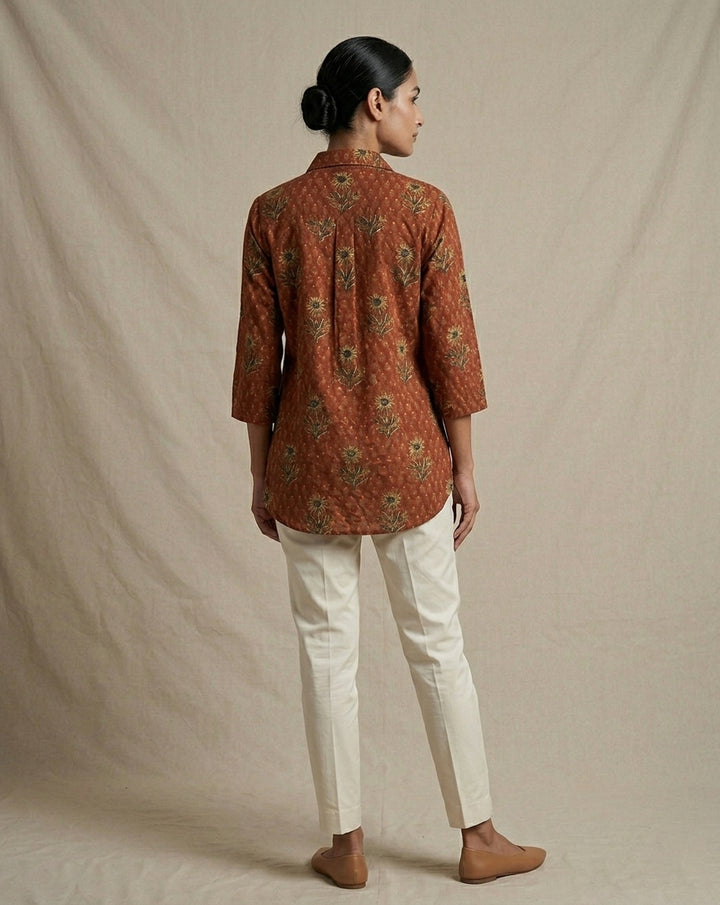 Rust Floral Printed Collared Cotton Tunic
