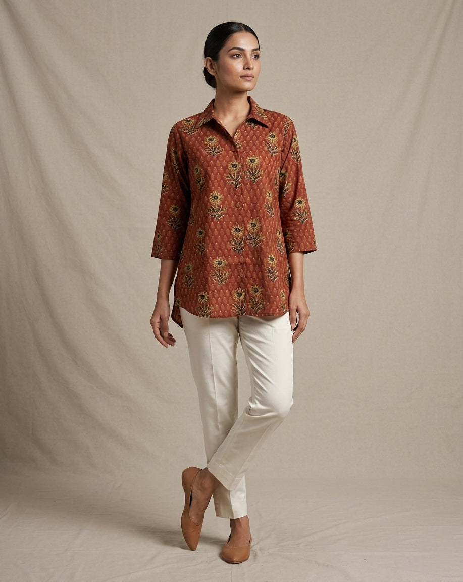 Rust Floral Printed Collared Cotton Tunic