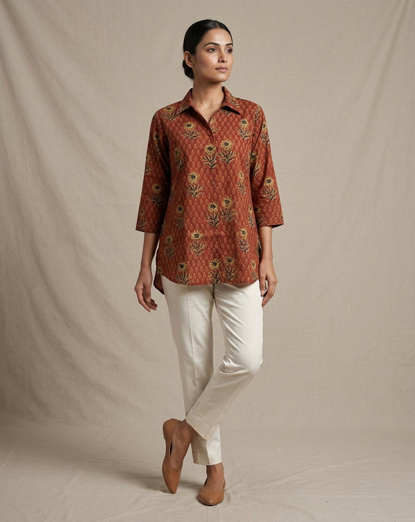 Rust Floral Printed Collared Cotton Tunic