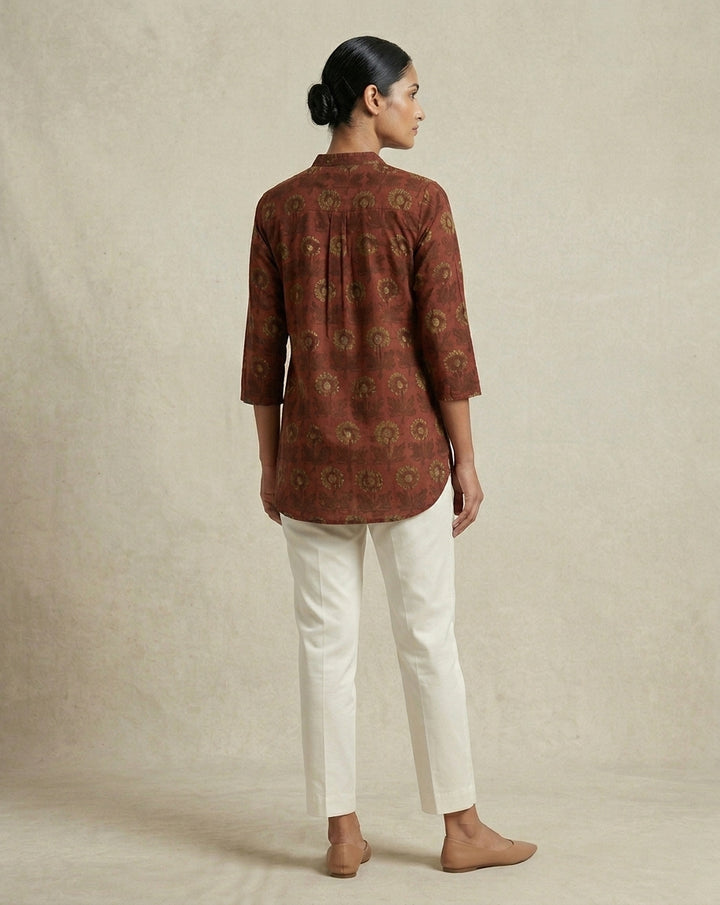 Deep Rust Floral Print Mandarin Collar Tunic