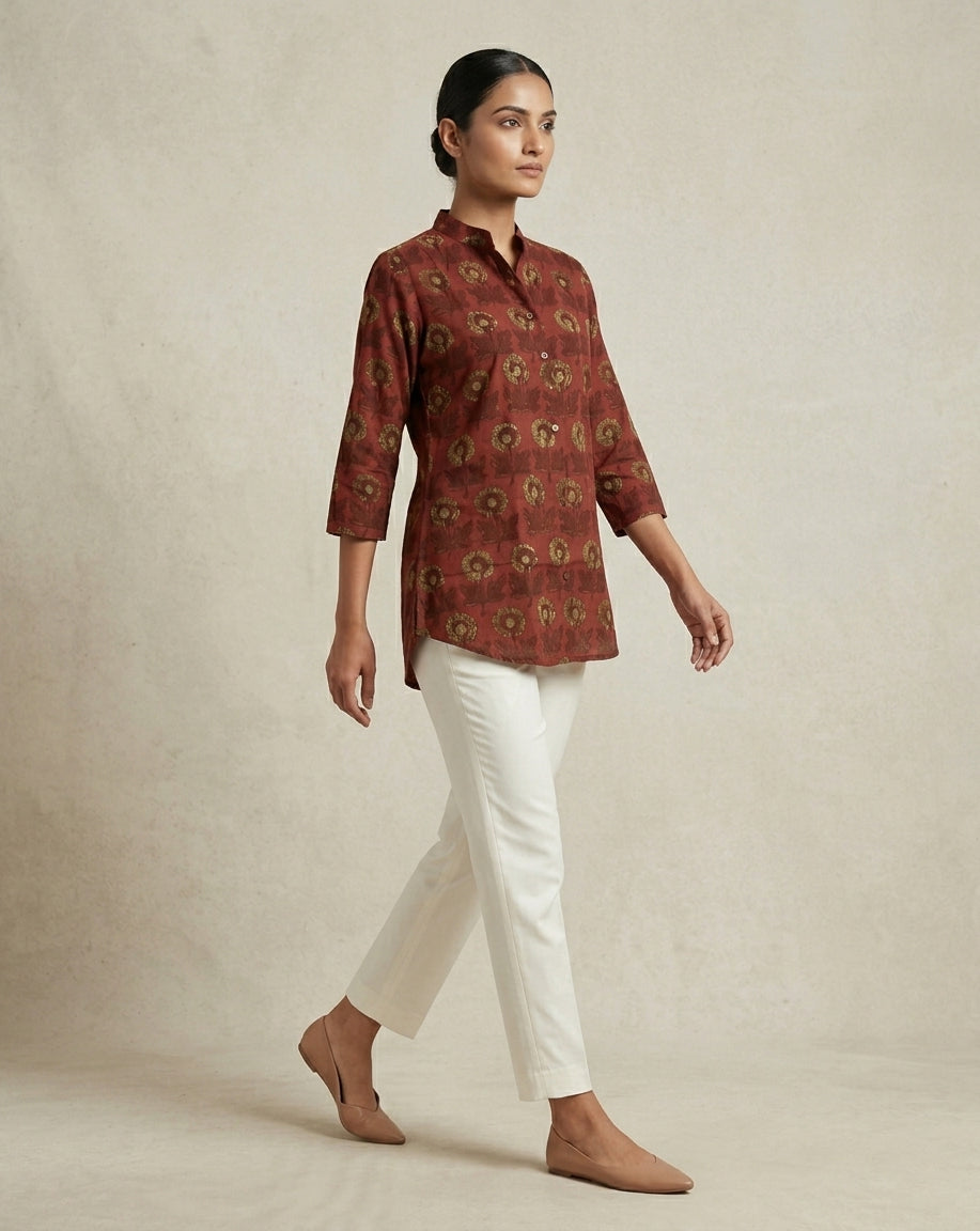 Deep Rust Floral Print Mandarin Collar Tunic