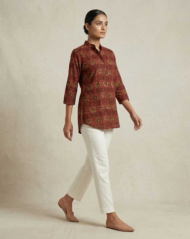 Deep Rust Floral Print Mandarin Collar Tunic